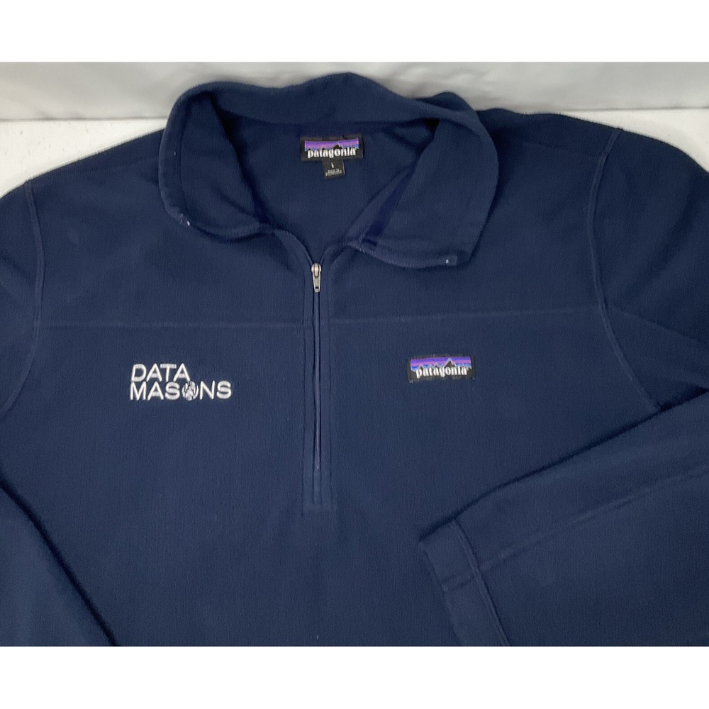 Patagonia 1/4 Zip Pullover Fleece Sweater Mens Sz L Navy Blue Data Masons Logo - Picture 6 of 8